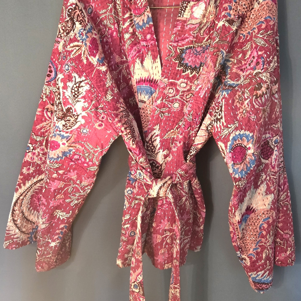 Pink Floral Wrap Robe with Tie Belt